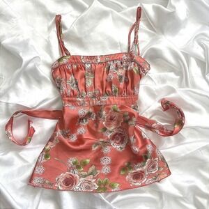 Self Esteem Floral Satin Cami Top Coral Pink Y2K Empire Waist Tie Back Blouse XS